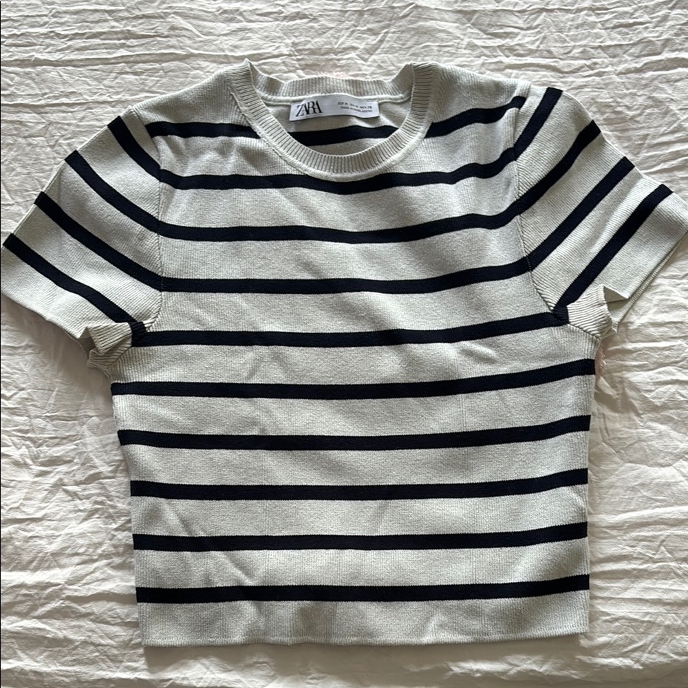 Zara Black and White Striped Short Sleeve Tee